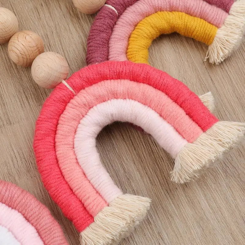 

Handmade Baby Wooden Teether Natural Wood Rattle Chewable Play Gym Stroller Toy Rainbow Teething Toys