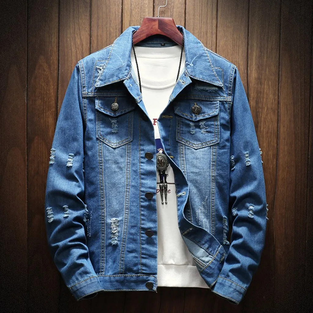Denim Jacket For Male Men's Holes Jean Jackets Casual Autumn And Winter Jacket Hole Long Sleeve Sweatshirt Outwear Coats Jacket