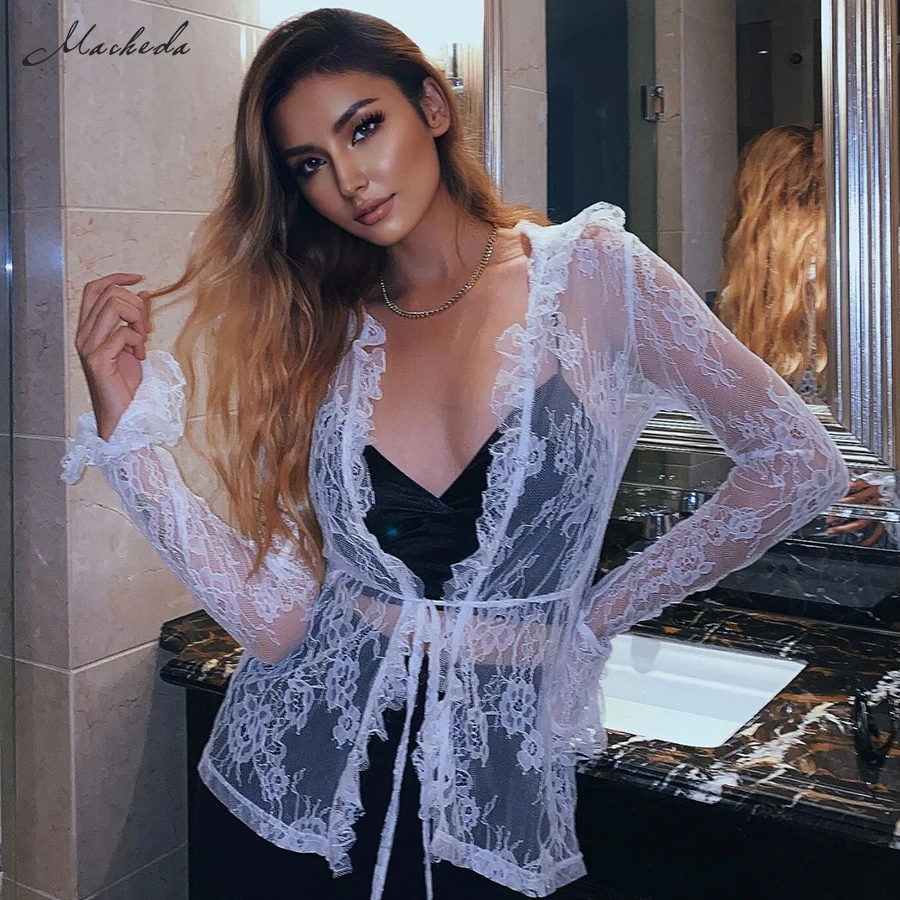 Macheda-Camiseta Sexy transparente e informal para mujer, Top ajustado de encaje blanco de manga larga con cuello en V, ropa para mujer, nuevo liso