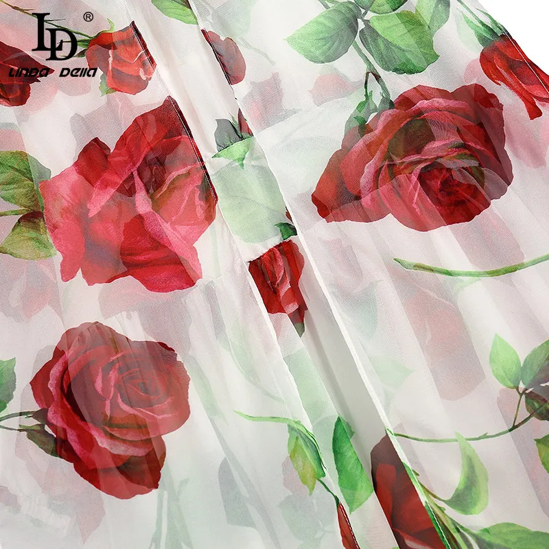 

LD LINDA DELLA Fashion Runway Summer Vintage Midi Dress Women Lantern Sleeve Rose Flower Print Chiffon Ladies Vacation Dress