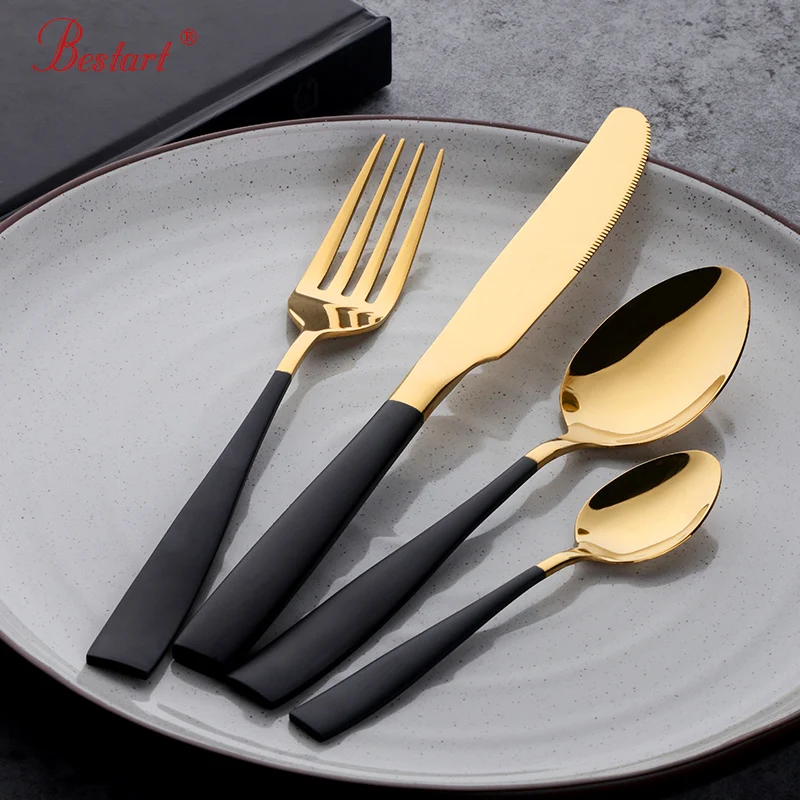

1lot/24 Pcs Luxury Black Plated Dinnerware Sets Good Polish Steel Dinner Knives Forks Tablespoons Cutlery Set Family Tableware