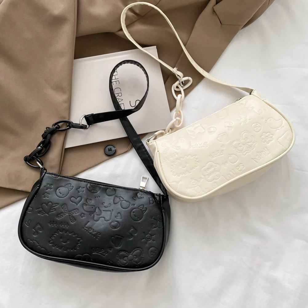 

Women Fashion Bag Zipper Underarm Purse PU Leather Embossing Small Handbag Tote with Cartoon Pattern Printed