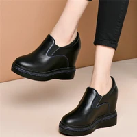 2021 women genuine leather platform wedges high heel ankle boots female slip on round toe fashion sneakers low top casual shoes