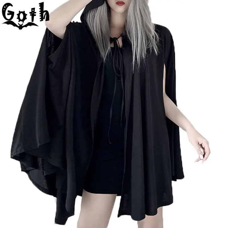 Gothic Black Cloak Women Hooded Cape Coat Lace Up Summer 2020 Shawl Party Casual Streetwear Female Capes |