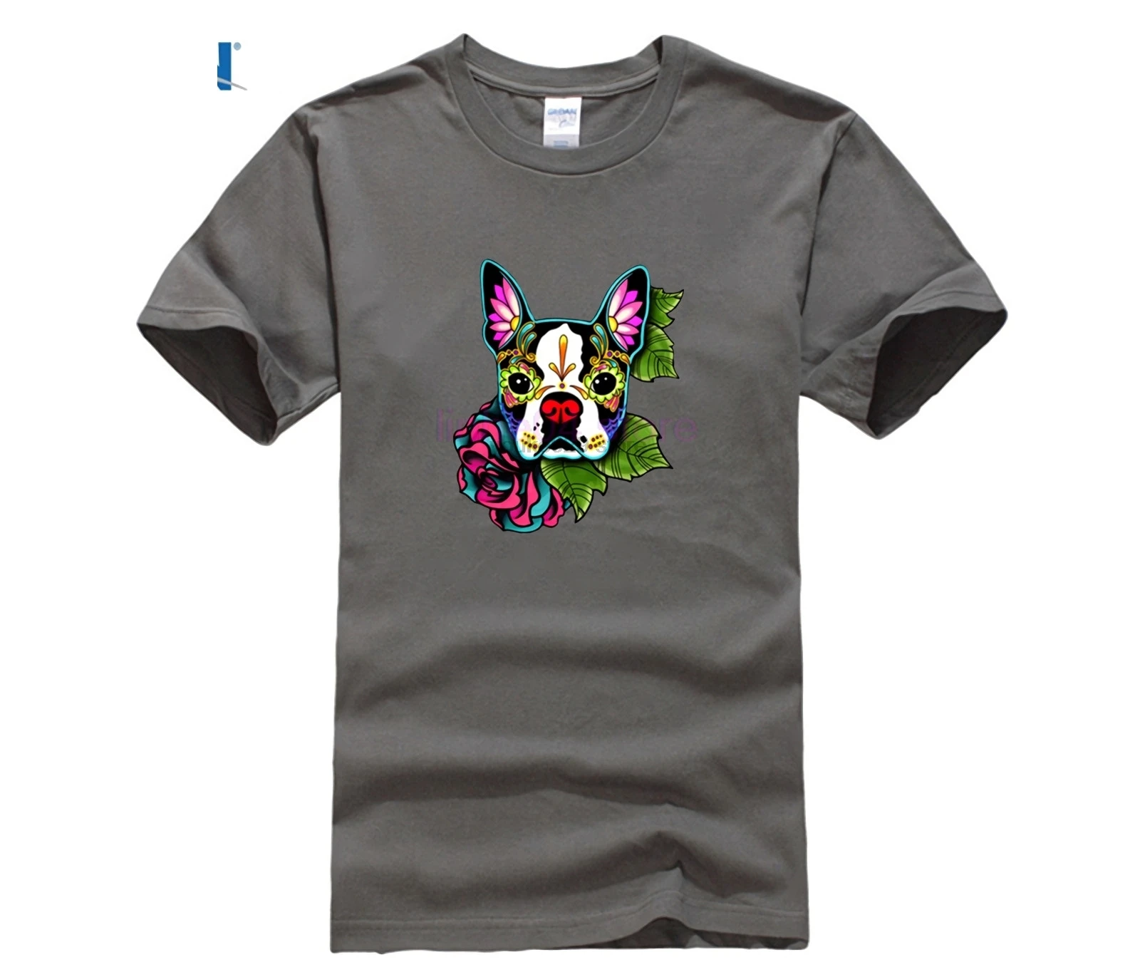 Бостон-терьер День мертвых сахара череп собака футболка для мужчин последний