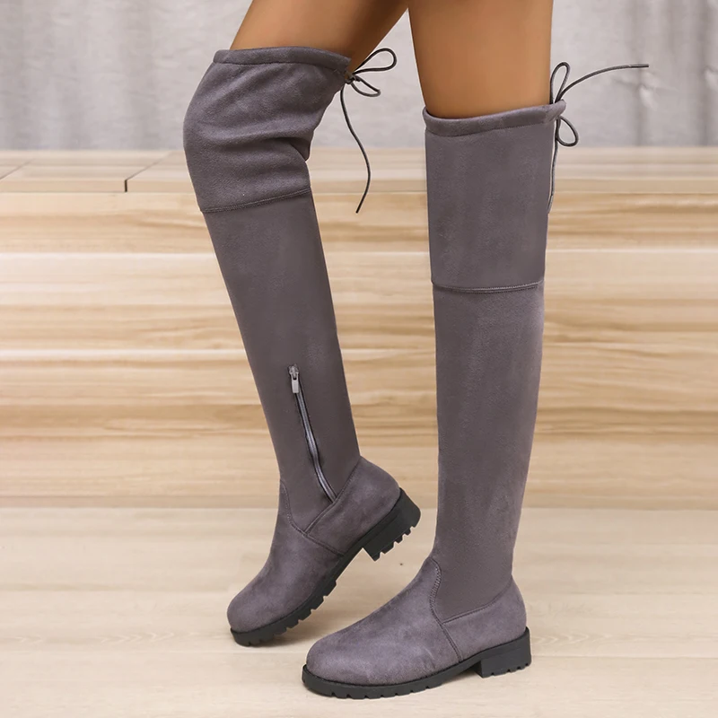 

Women's High Boots 2022 Autumn and Winter New Style Suede Lace-up Women's Knee-length Boots Round Toe Knight Boots Casual Boots