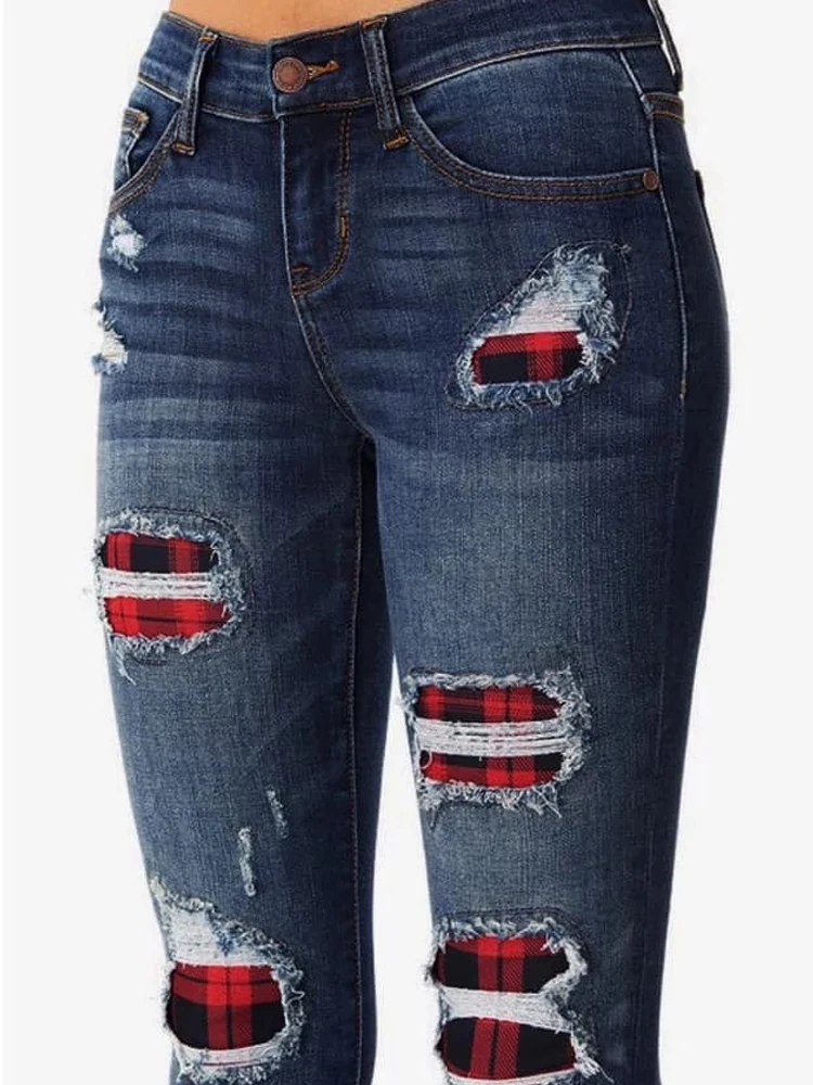 Узкие джинсы женские рваные брюки карандаш с леопардовым принтом в клетку
