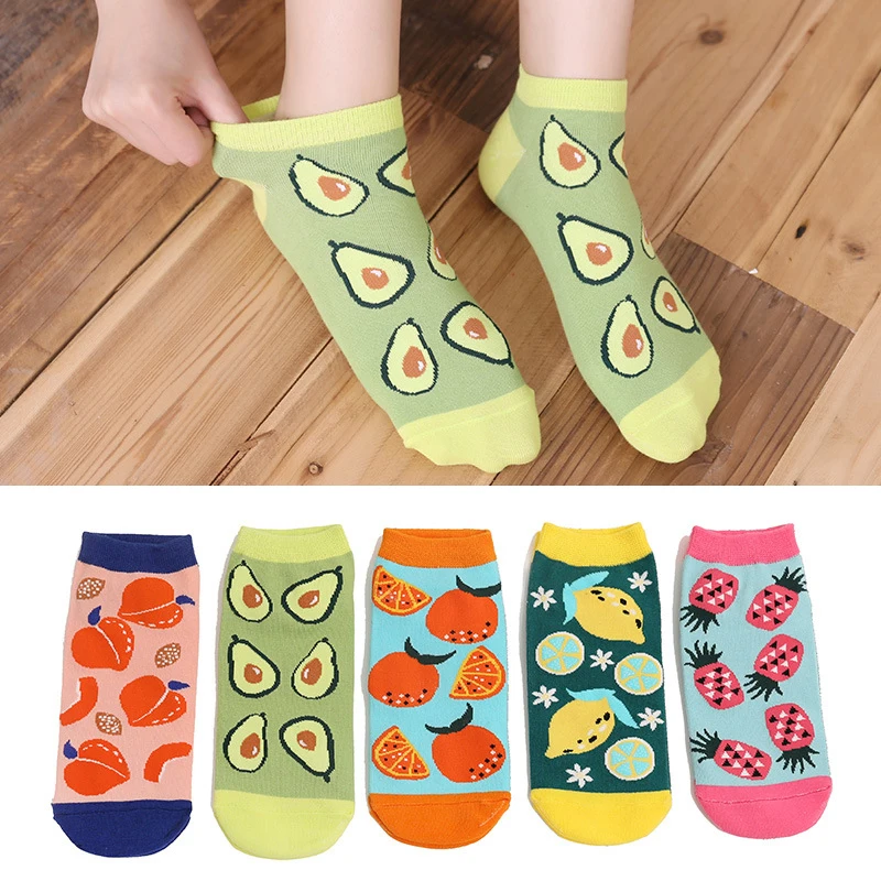 

5 Pairs of 5 Colors New Short Socks Female Shallow Mouth Fruit Print Summer Cute Candy Color Cartoon Invisible Avocado Peach