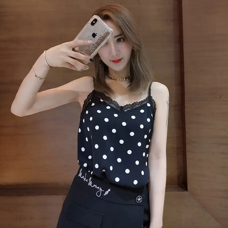 

Sling heart women wear loose Joker inside belly covering chiffon sleeveless top women