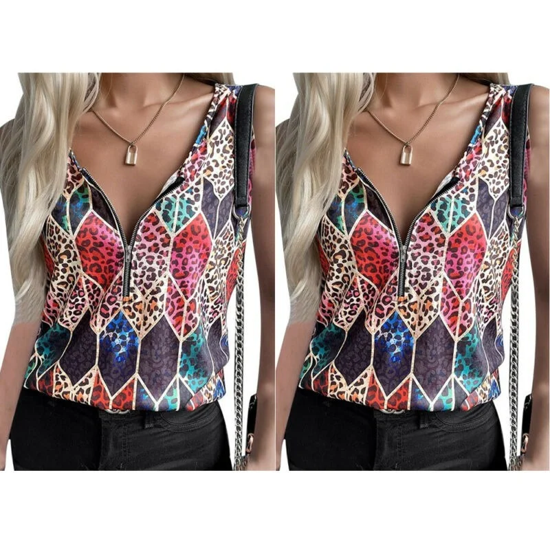 

Summer Hot Sale Women's Sling Strap Half Zipper Leopard Print Vest Casual Sexy