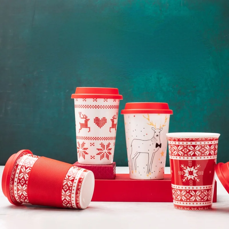 

Christmas Ceramic Mug Silicone Cover Anti Scalding Milk Tea Coffee Cup Christmas Handy Water Cup Spoon tumbler with straw