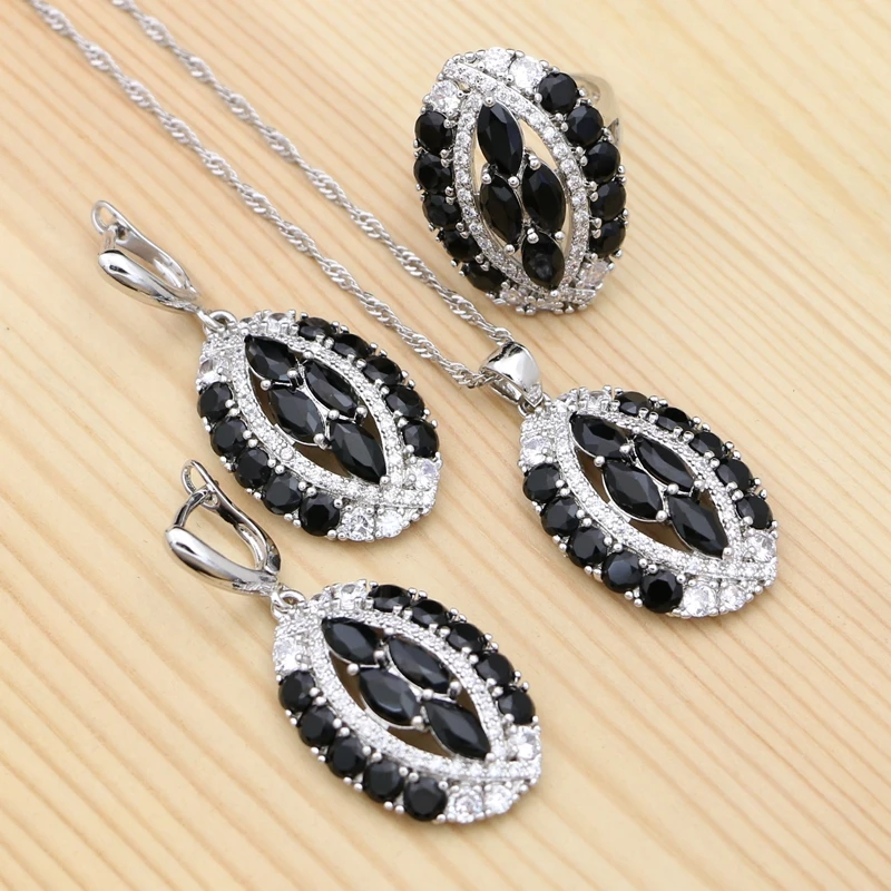 Женские Ювелирные наборы с черными камнями серьги/кулон/ожерелье/кольцо белым
