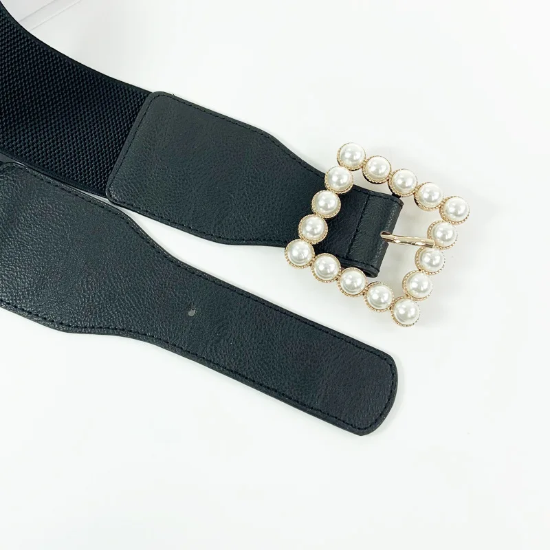 

New Women Stretch Pearl Belts Fashion Wide Square Gold Metal Buckle Elastic Corset Cummerbunds Dress Waistband Coat Accessories