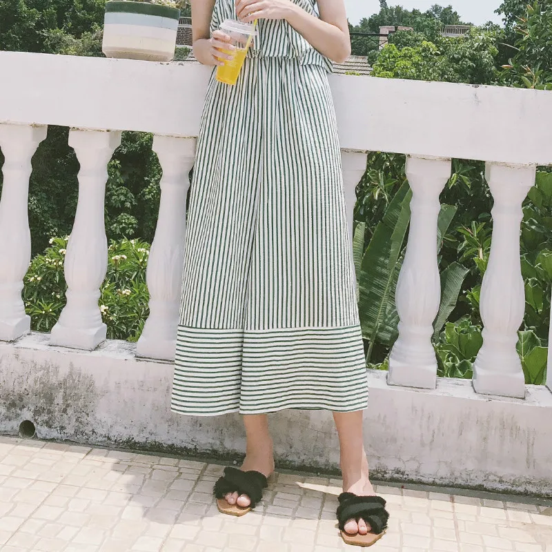 Fashion High Waisted Wide Leg Pants Woman Loose Green Stripe Trousers Women Ankle-Length Clothes 2018 | Женская одежда