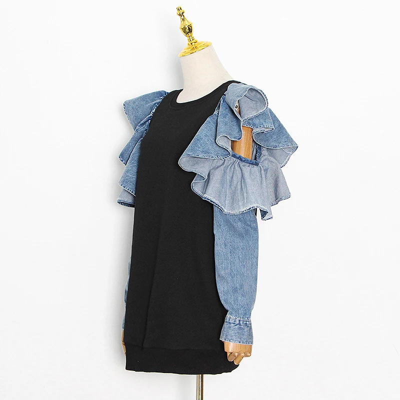 

Casual Ruffle Sweatshirts For Women O Neck Long Sleeve Female Spring Patchwork Denim Sweatshirt Fashion New Clothes