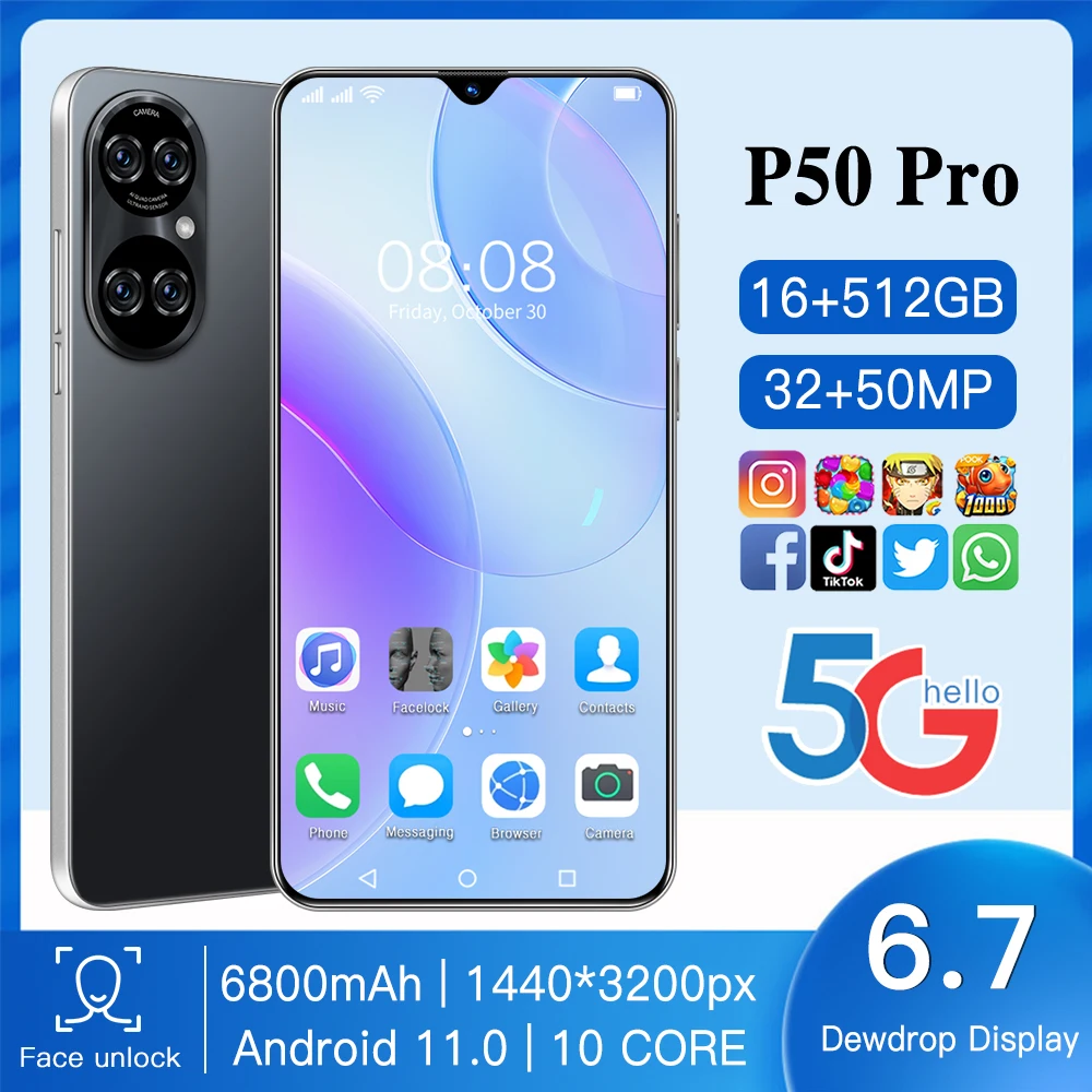 

2021 Newest P50 Pro 5G Qualcomm 6.7" 888 6800mAh Real 3D Glass Back Cover Android 11 16GB RAM 512GB ROM GPS Global Smartphones
