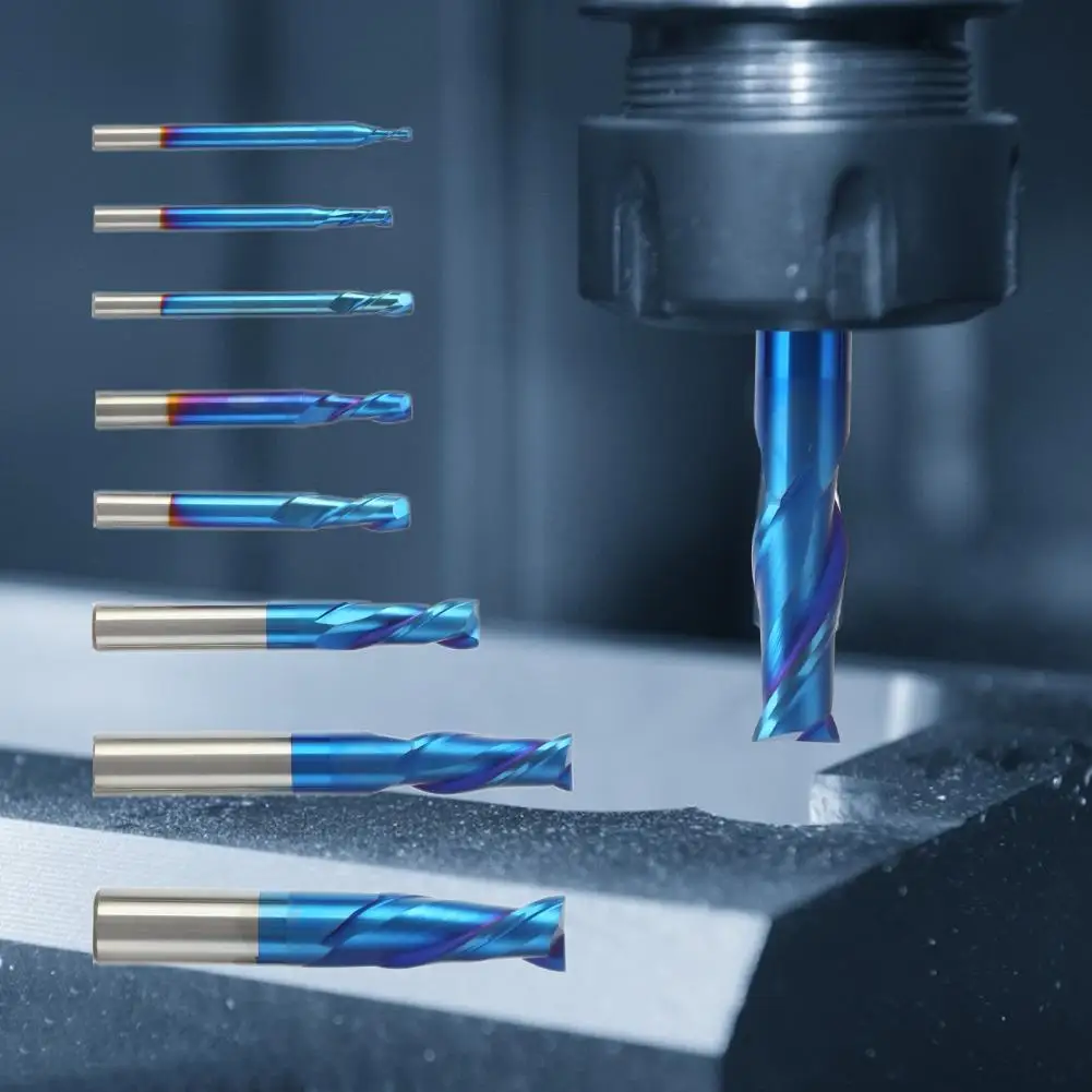 

Фрезерные фрезы с двумя лезвиями, 8 шт., 2-12 мм, для улучшения твердости и технологического покрытия с голубым покрытием, Комплект фрез с ЧПУ д...