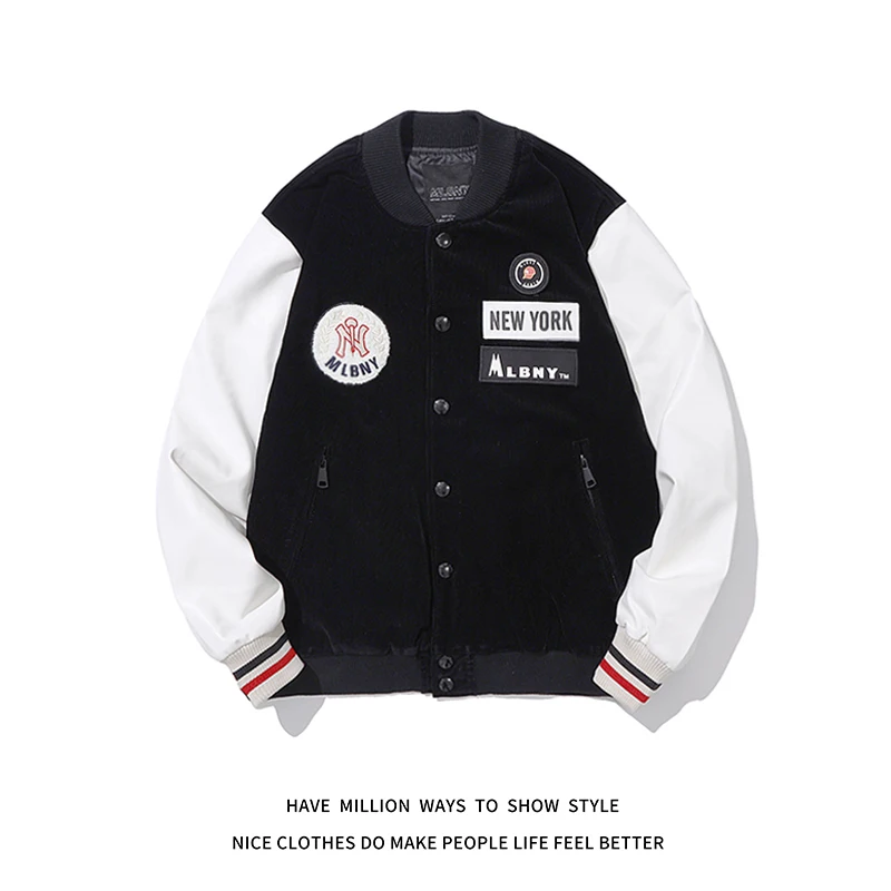 

MLBNY Вельветовая куртка с вышивкой на липучке с кожаным рукавом Женская бейсбольная куртка Мужское пальто весна-осень и зима унисекс