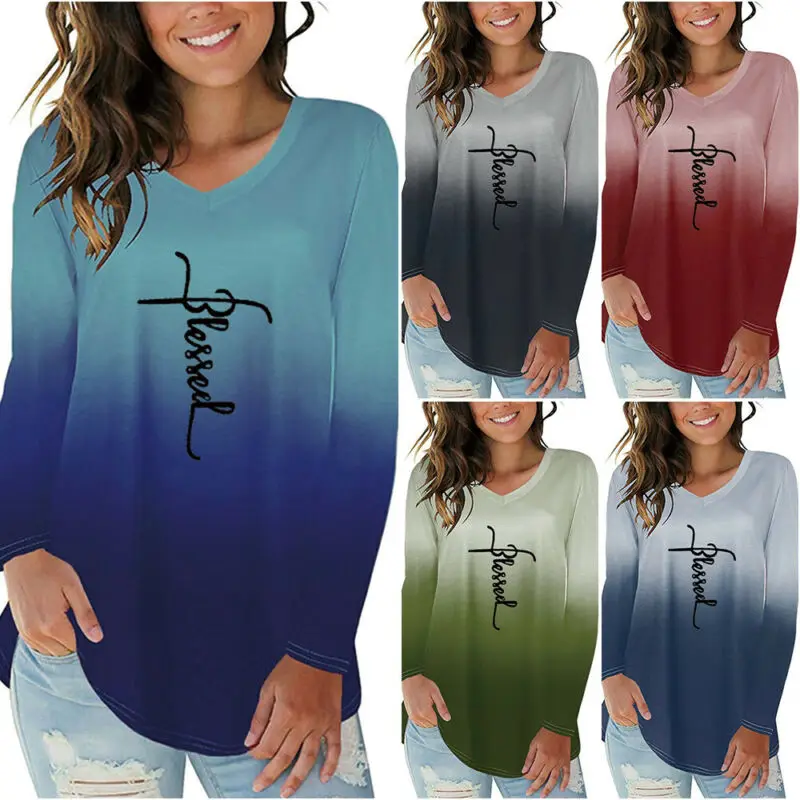 

Women Letter Printed Casual Tee Ladies Long Sleeve Crew Neck T Shirt Top Fashion