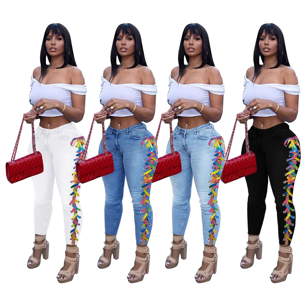 

Lace Up Plus Size Biker Denim Pant New Fashion Women Solid Hollow Out Jeans Lady's Streetwear High Waist Skinny Pencil Pants