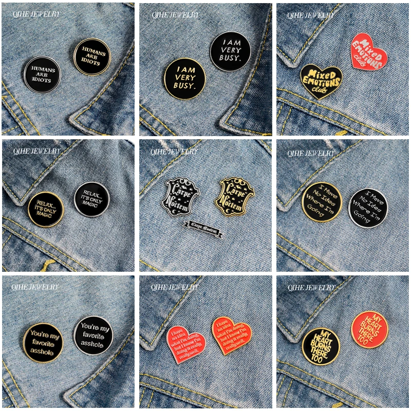 

QIHE JEWELRY Wholesale 2-3pcs/set Funny Phrase Metal Enamel Pins Fashion Heart Brooches Punk Badges Cool Gifts for Couple Friend