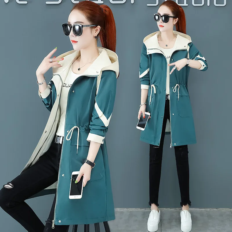

Весенний женский тренчкот, Новая повседневная свободная Длинная ветровка с капюшоном, Женские базовые Топы, осенняя одежда с подкладкой дл...