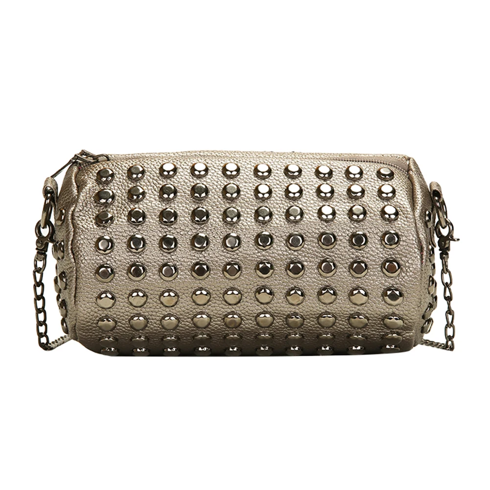 

Youth Ladies Simple Versatile Bag Punk Women Rivet Shoulder Chain Bag PU Leather Casual Cylinder Messenger Handbag