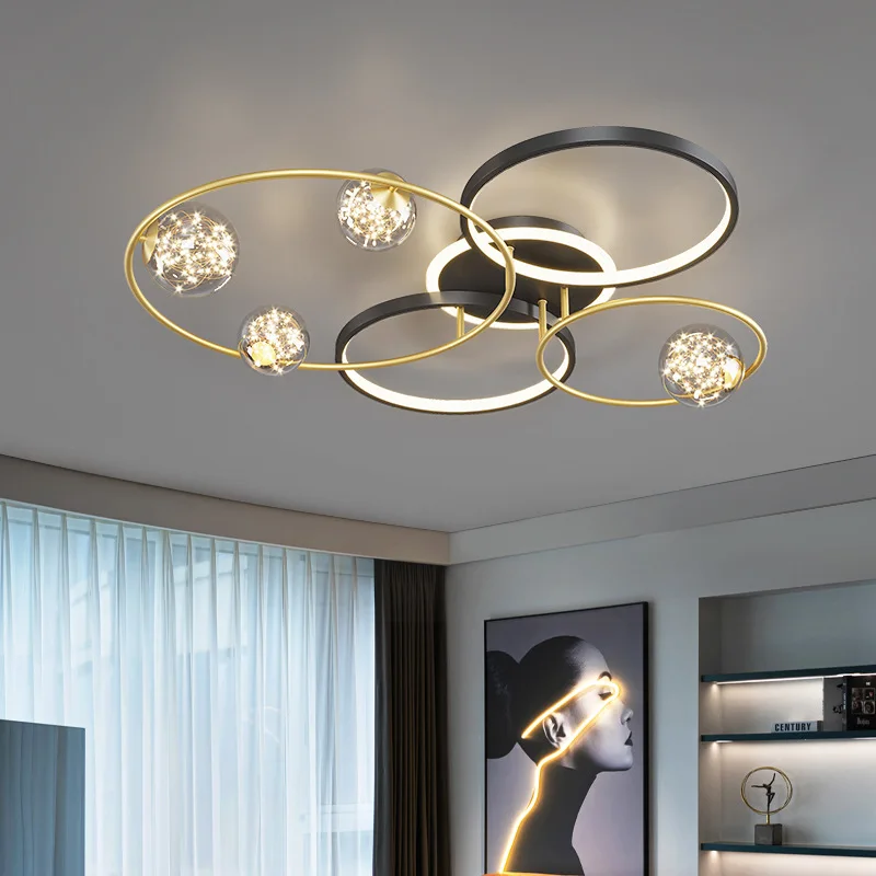 Modern Simple Black Gold Round Led Chandelier Minimalist Decor Living Room Lamp Lighting Ceiling Decoration Nordic Bedroom Light