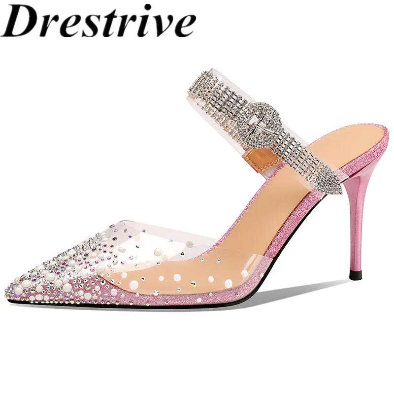 

Drestrive 2021 Summer Fashion Women Pumps Pointed Toe PVC Crystal Thin High Heel Shoes Buckle Sandals Mary Janes Pink