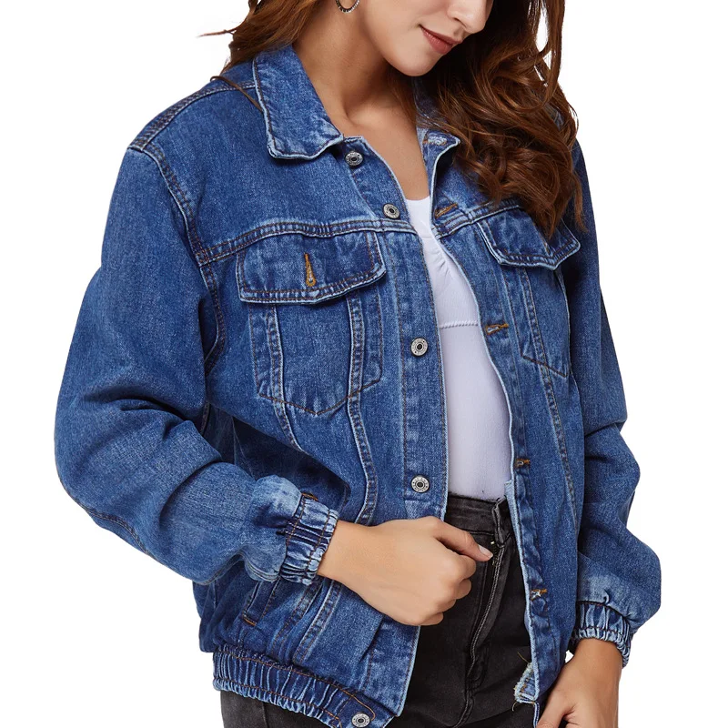 

2021 Cross-border Loose Jeans Women's jacket Ladies Elastic waist Casual Blue Denim Jacket