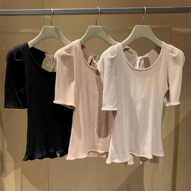 

2021 Summer O-neck Puff Sleeve Sweaters Fresh Office Lady All-match Woman Tops Sweet Backless Bandage Knit Blouses for Women