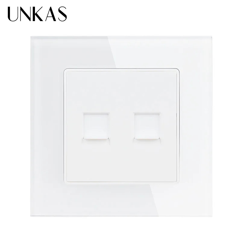 UNKAS White Luxury Crystal Glass Panel Double RJ45 Internet Data Computer Jack CAT5E Connector Outlet Wall Socket | Обустройство дома
