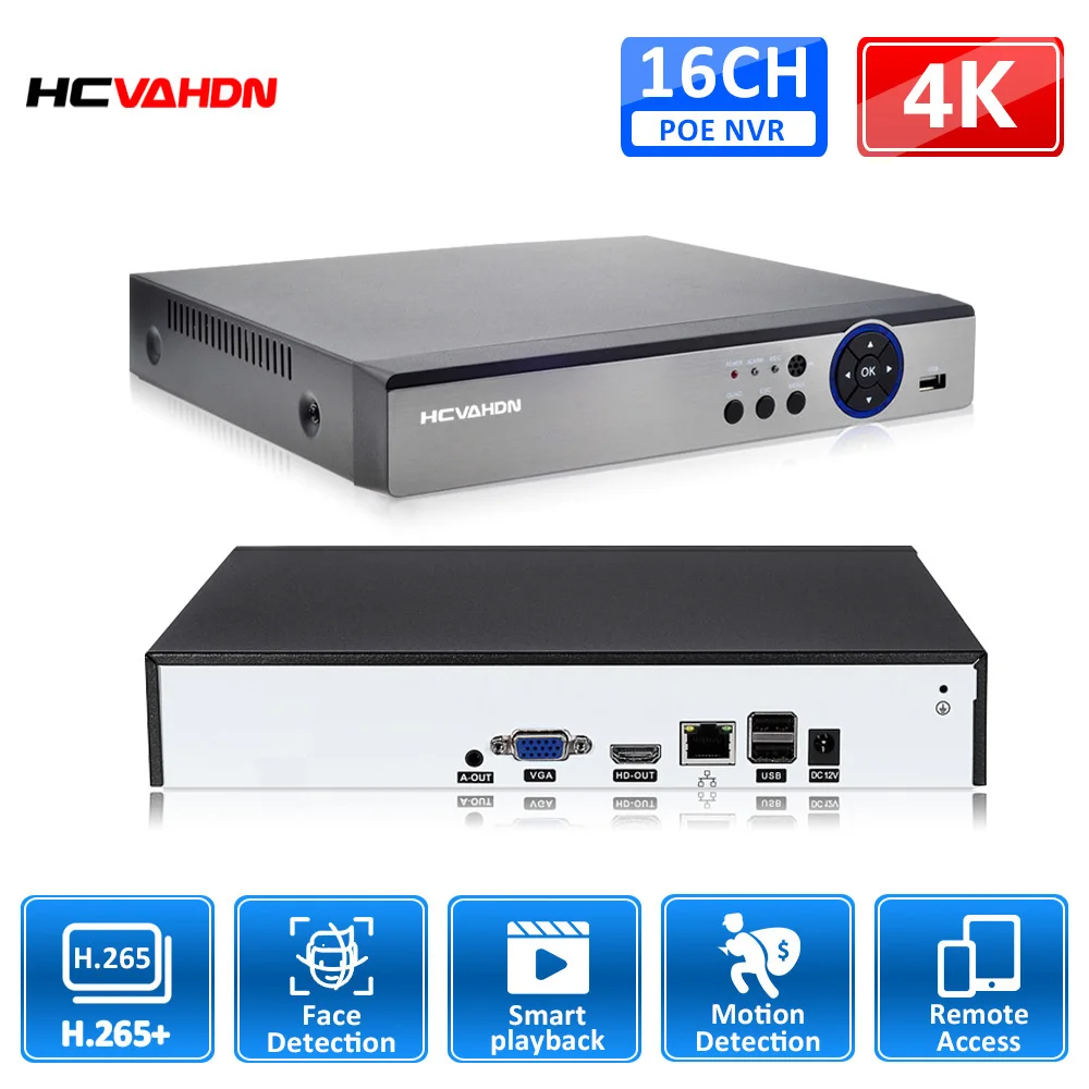 

HCVAHDN H.265 CCTV Face Detection NVR 16CH 8MP Network Video Recorder Face Detection Xmeye Cloud Max 4K Video Output P2P