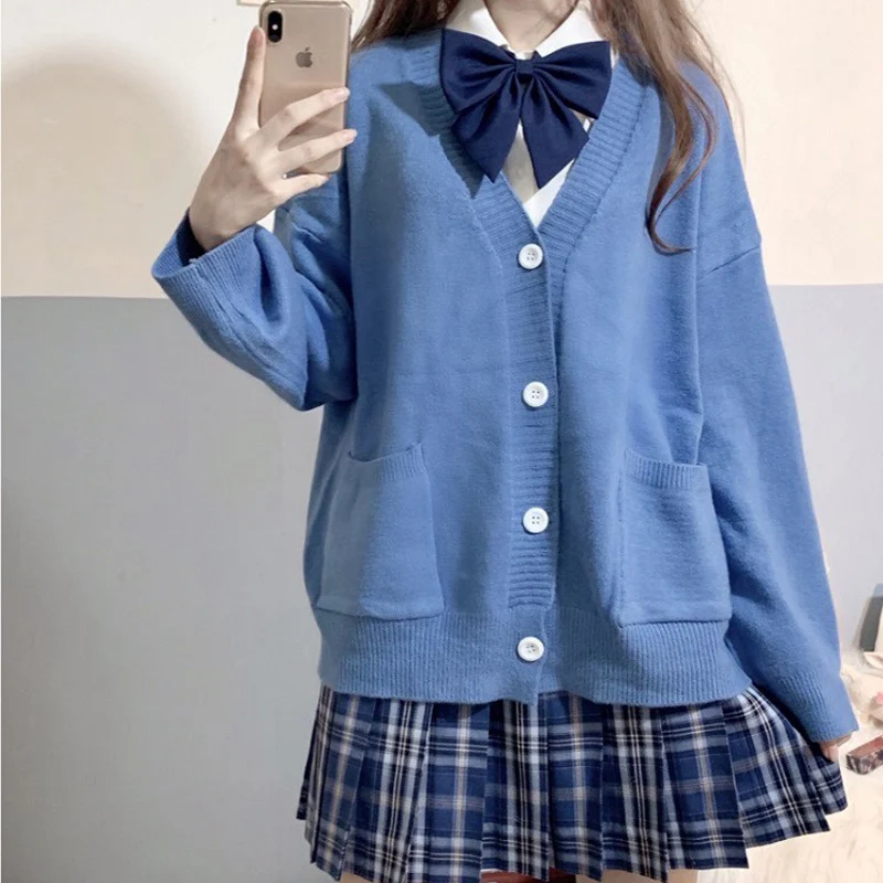 

Kawaii Lolita Loose Knitted Sweater VNeck Cardigan Woman Coat Korean Style Knit Wear Japan School Girl JK fashion Preppy Student