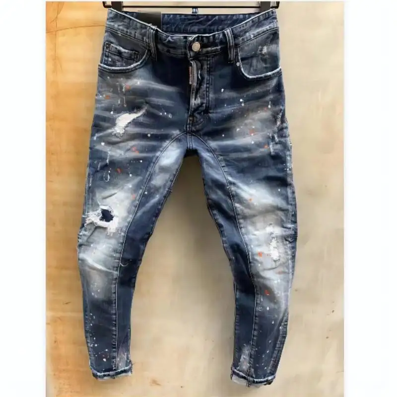 

New DSQUARED2 Men's Skinny Jeans With Ripped Holes And elastic Paint Spray Blue Stitching Beggar Pants T109