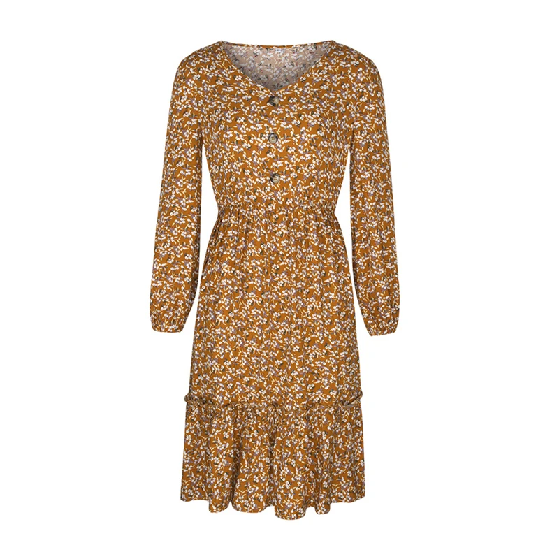 

Temperament Autumn Winter Print Dress Women Casual V Neck Button A Line High Wasit Dress For Women 2021 New