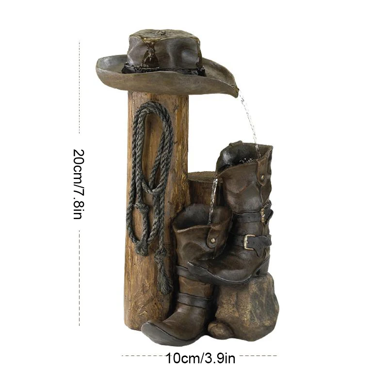 

Newly Wild Western Water Fountain Resin Hat and Boot Sculpture Outdoor Statue Rustic Yard & Garden Waterfall Decoration
