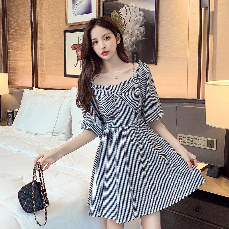 

COIGARSAM Plaid Women one-piece dress korean New Summer Dresses 5113