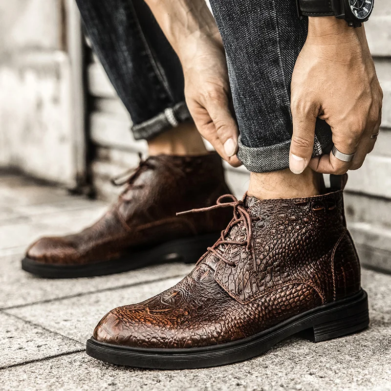 Мужские деловые ботинки коричневые ботильоны из натуральной кожи на шнуровке с
