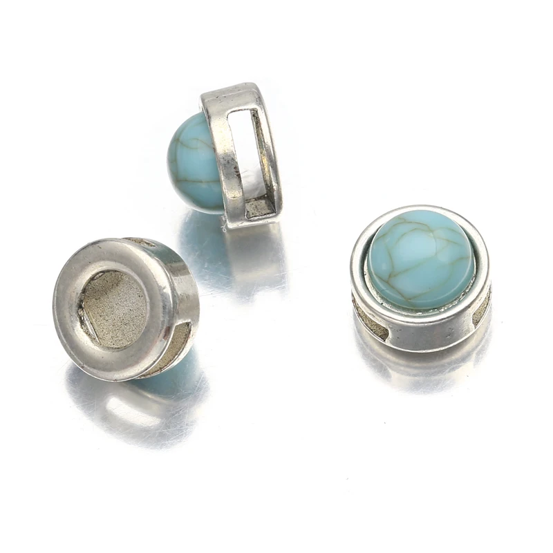 10 шт./лот тибетские серебряные круглые бирюзовые шарики-Слайдеры для плоского