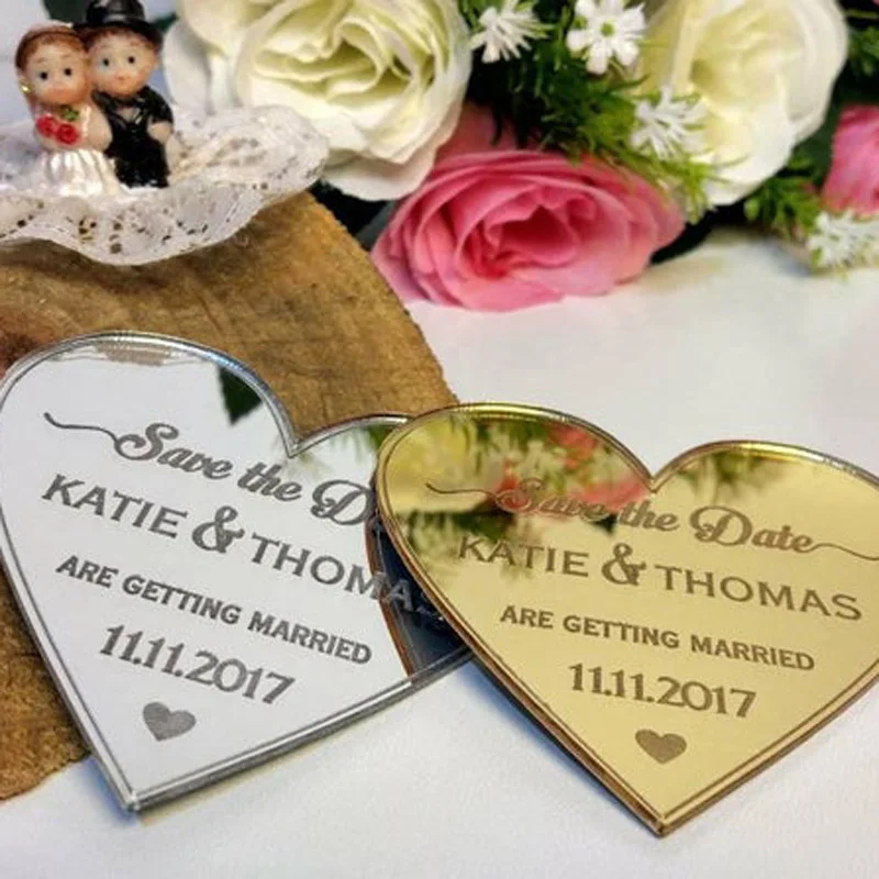 Золото/серебро зеркальное сердце сохранить дату магнит акриловая лазерная