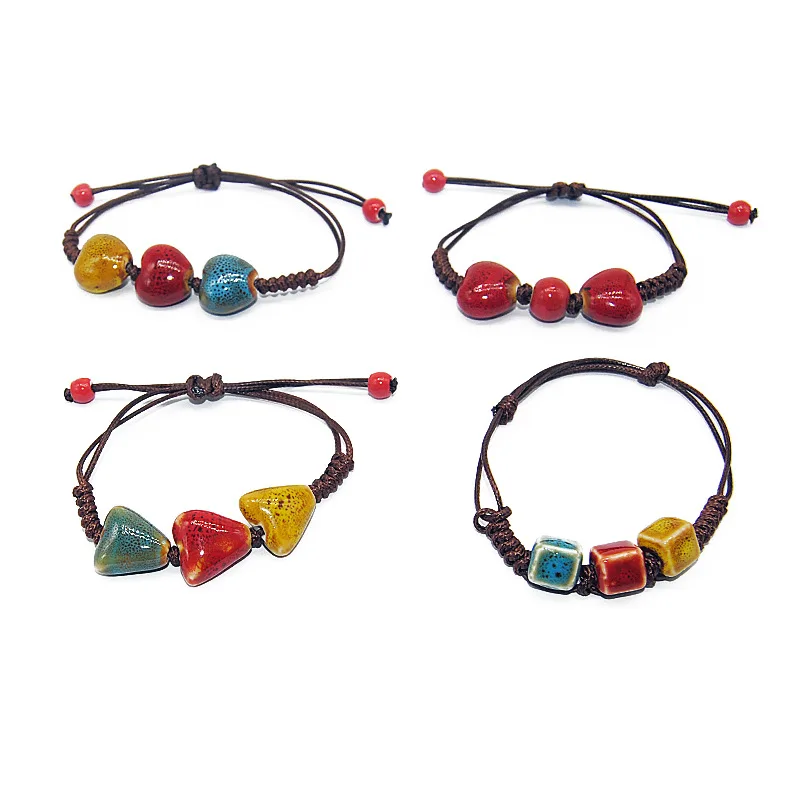 

8PCS Cute Girls Good Lucky Chinese Style Square Ceramics Beads Braided Bracelet Women Female Heart Jewelry Friends Party Gift