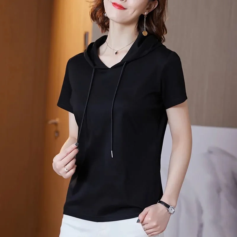 

100% Cotton Hoodie T Shirt Woman 2021 Summer Short Sleeve Shirt Woman T-shirt Loose Korean Style Plus Size O Neck Women Shirts