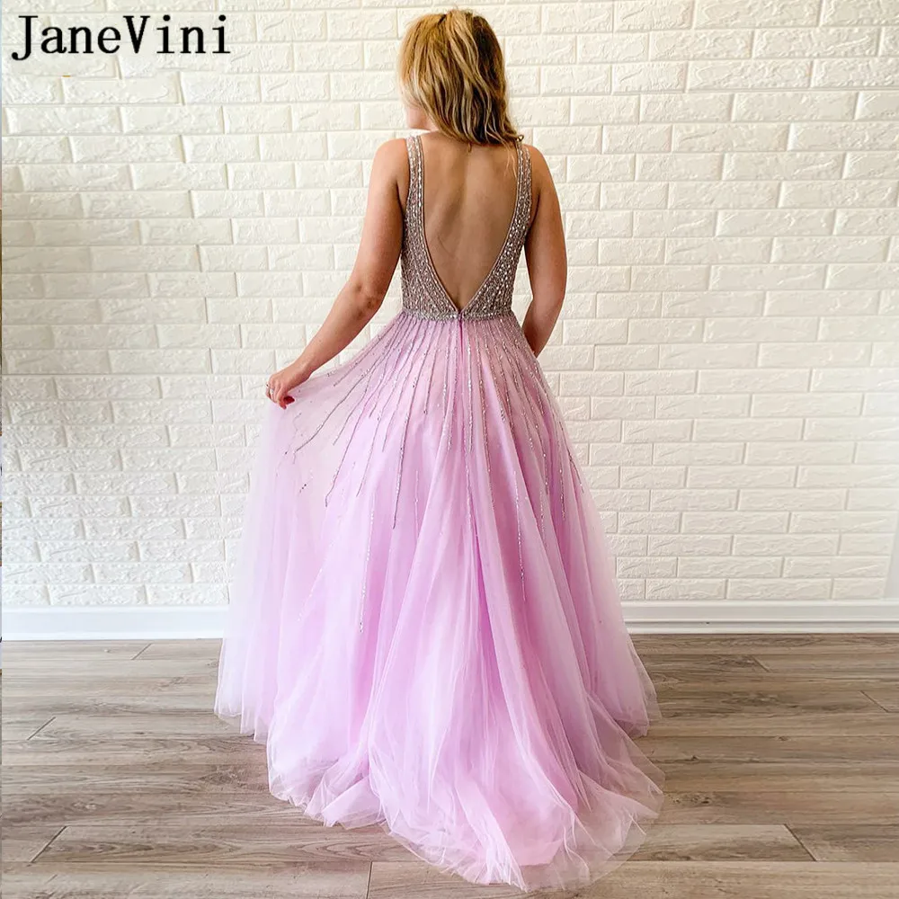 Женское вечернее платье с открытой спиной JaneVini длинное из лавандового тюля