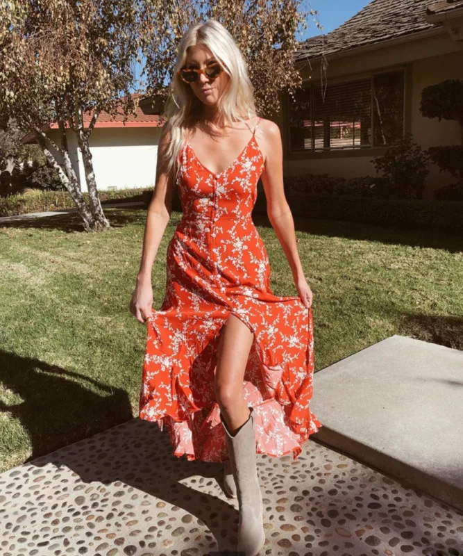 

Women Casual Swing Dress Sleeveless Floral Printed Button Ruffles High Split Irregular A Lined Long Maxi Dress