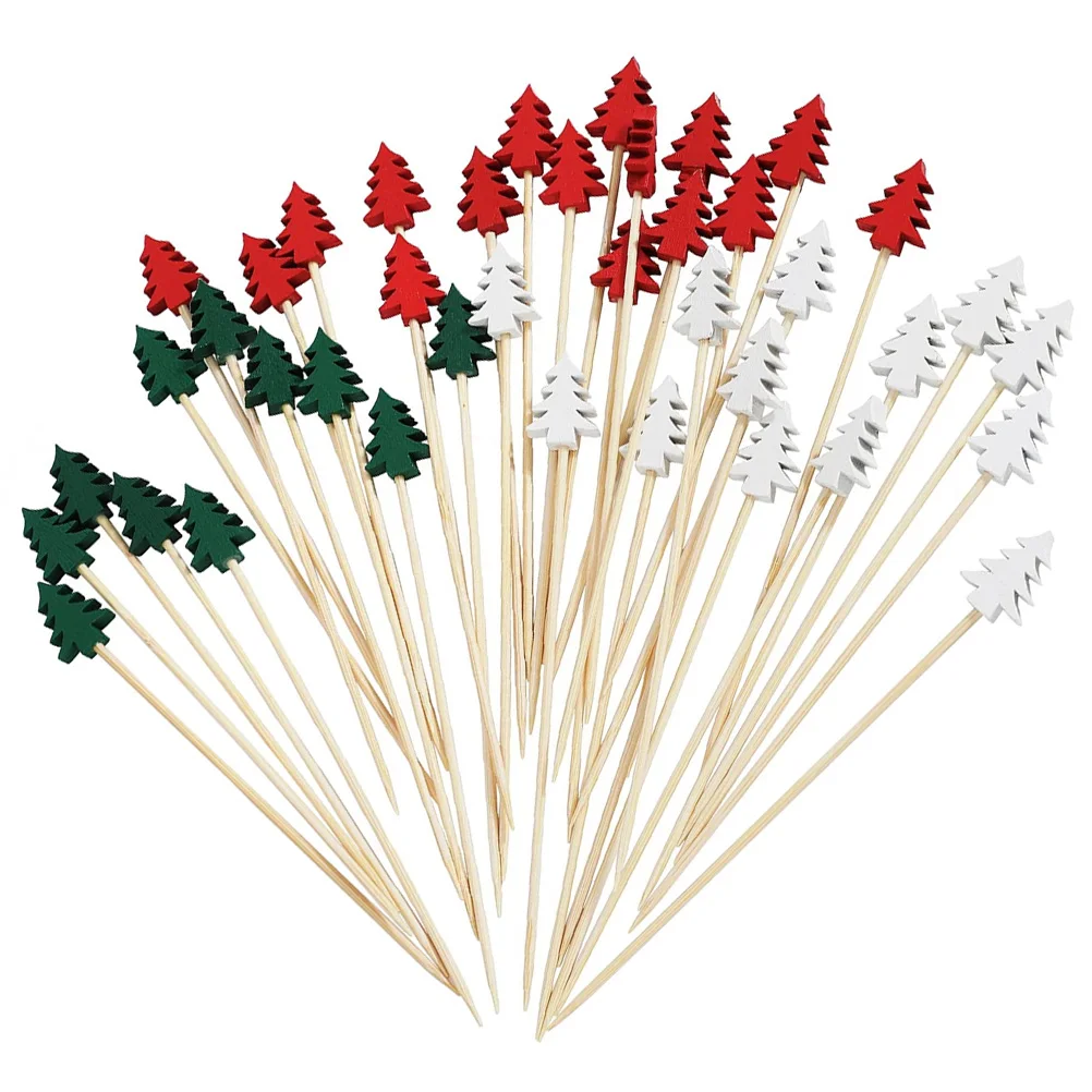 

100Pcs Disposable Bamboo Picks Stick Food Fruit Cocktail Toothpicks Christmas Tree Shape Forks Picnic Party Supplies Decoration