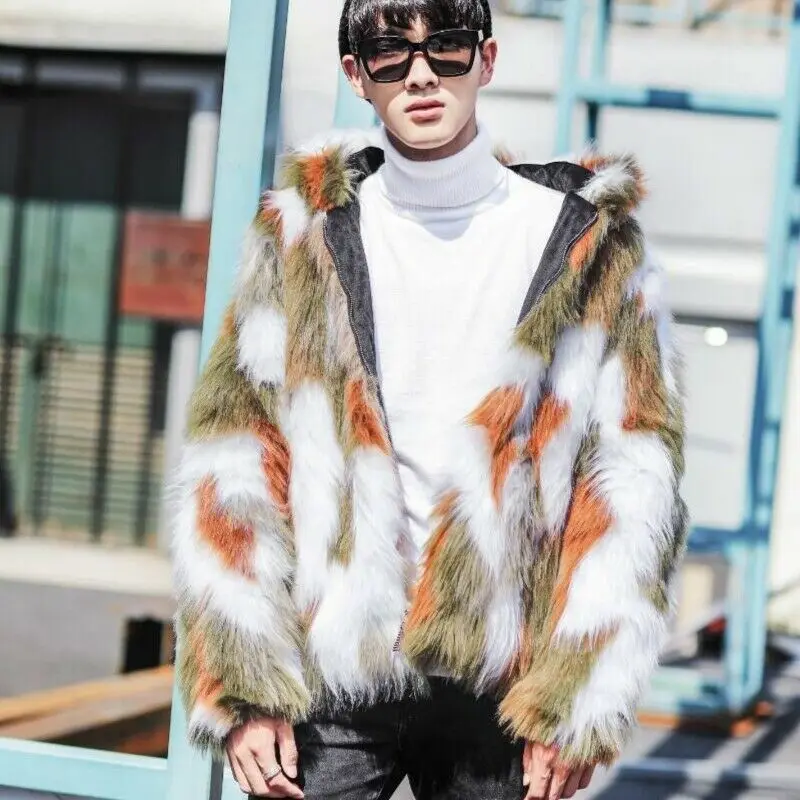 

Luxury Men's Faux Fur Hooded Coat Jacket Fluffy Thick Parka Outerwear Winter