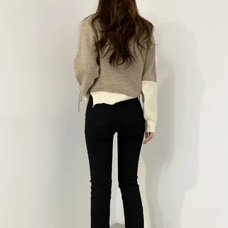 

Women's Knitting Pullover Sweaters Patchwork O-Neck Lace Up Pit Knitted Jumpers Office Lady Korean Style Clothing Autumn Winter