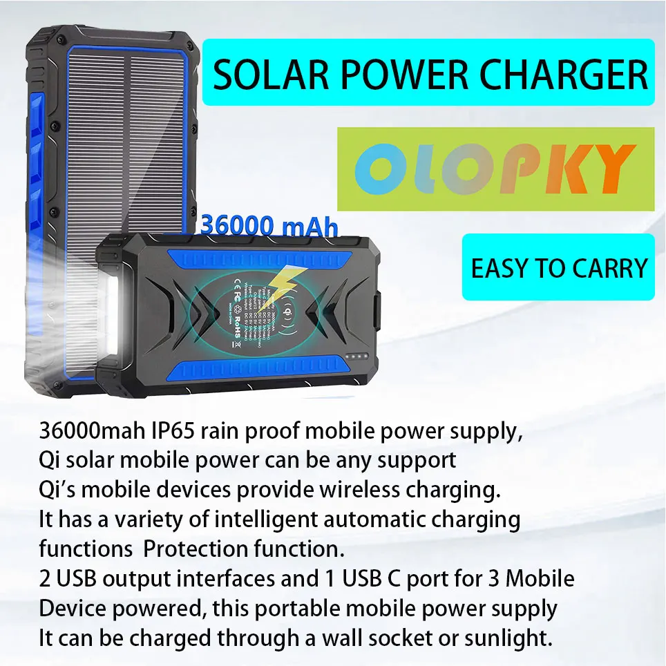 

Беспроводное зарядное устройство на солнечной батарее 36000 мАч Qi, портативное зарядное устройство для быстрой зарядки 3,0