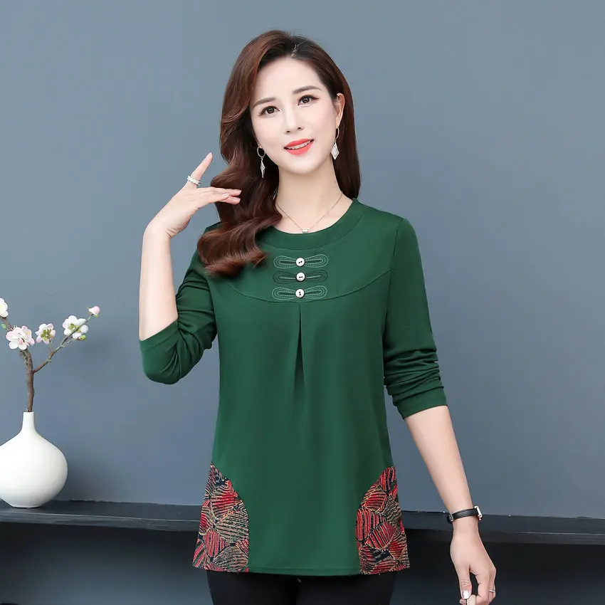 

Spring Red Caramle Green Ethnic Pattrern Blouses Mature Women O-Neck Long Sleeve Plus Size Top Middle Aged Casual Clothings 5XL